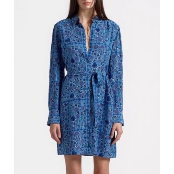 Equipment Dresses & Skirts - EQUIPMENT • Femme Rosalee Blue Floral Printed Long Sleeve Silk Mini Dress